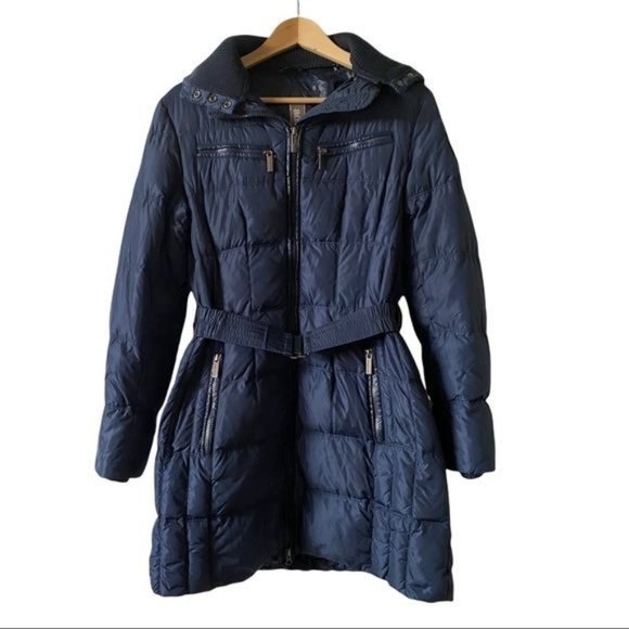 ADD DOWN Size 4 Navy Blue Puffer Belted Coat Detachable Snap Button Hood - Picture 5 of 16